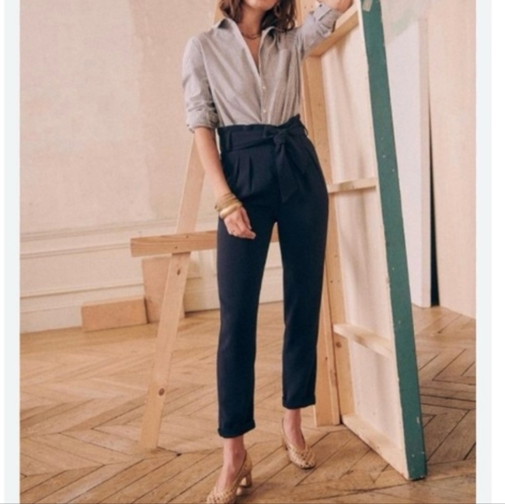 Sezane Cropped Paperbag Waist Trousers in Black